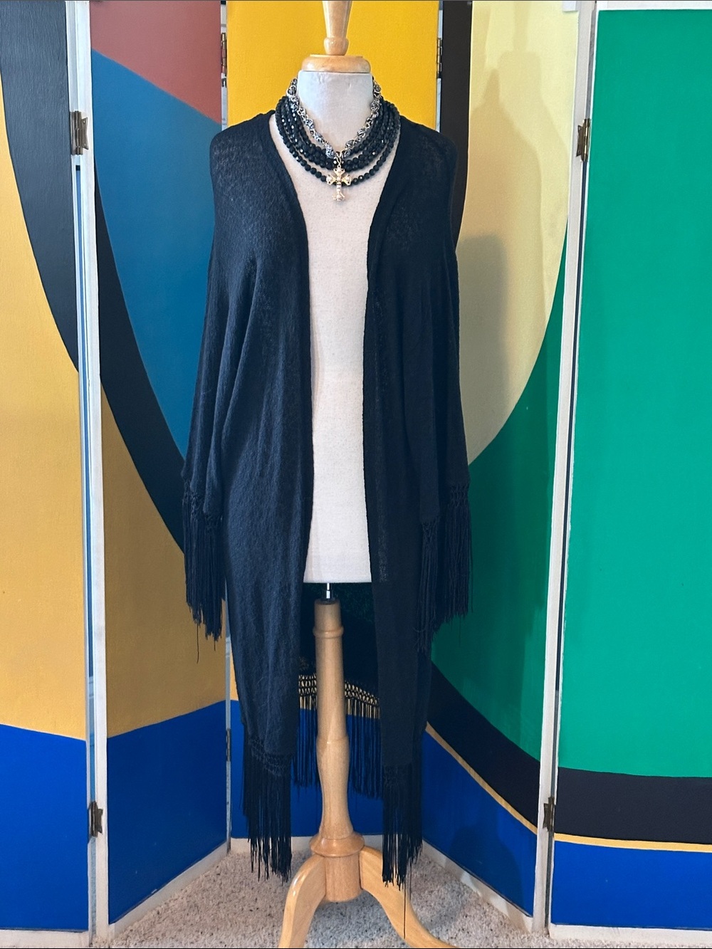 Divided Black Fringe Open-Front Knit Poncho with Fringe Trim